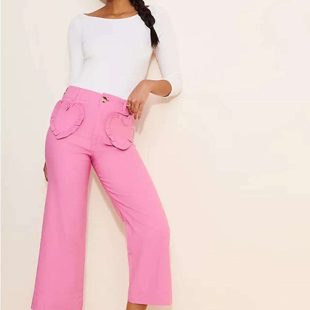 Maeve Pink Wide-Leg Cropped Pants with Heart Ruffle Pockets